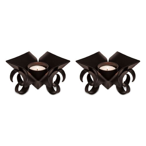 Decorative Black Metal Lotus Tea Light Candle Holders in Set of 2