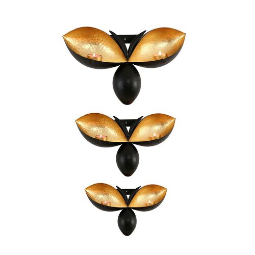 Bee Shape Wall Mounted Black Gold Candle Holders - Set of 3