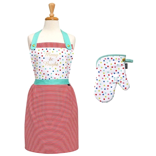 Ladelle Set of 2 Merry And Bright Christmas Oven Mitt & Apron Kitchen Set
