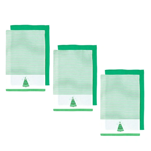 Ladelle Set of 6 Christmas Xmas Festival Joyful Icons Cotton Tea Towels Christmas Tree