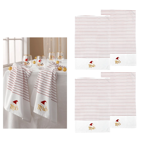 Ladelle Mr & Mrs Christmas Hat Set of 4 Cotton Kitchen Towels 45 x 70 cm