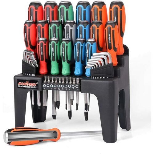 44-Piece Impact Screwdriver Set with Magnetic Bits, High Torque Hex Keys and Rack with Color Grip