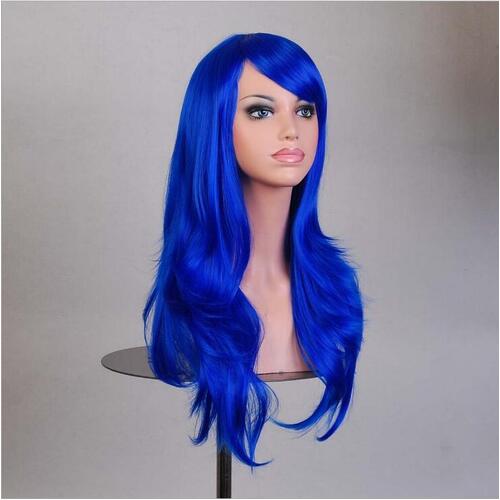 70cm Wavy Curly Sleek Full Hair Lady Wigs w Side Bangs Cosplay Costume Womens, Royal Blue