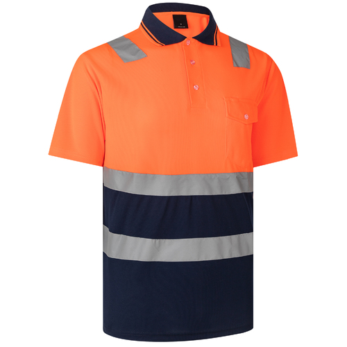 HI VIS Short Sleeve Workwear Shirt w Reflective Tape Cool Dry Safety Polo 2 Tone, Fluoro Orange / Navy, XL