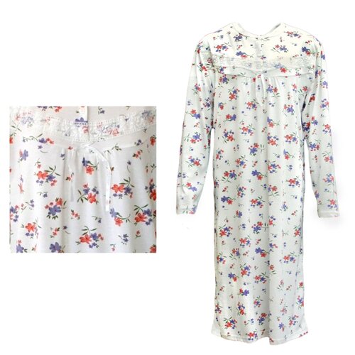 100% Cotton Women Nightie Night Gown Pajamas Pyjamas Winter Sleepwear PJs Dress, Red & Purple Flowers, 14