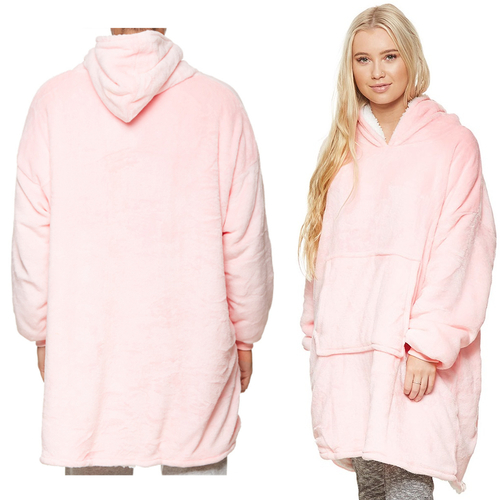 Oversized Soft Pullover Plain Hoodie Warm Fleece Blanket Plush Winter Sweatshirt, Baby Pink, Adult