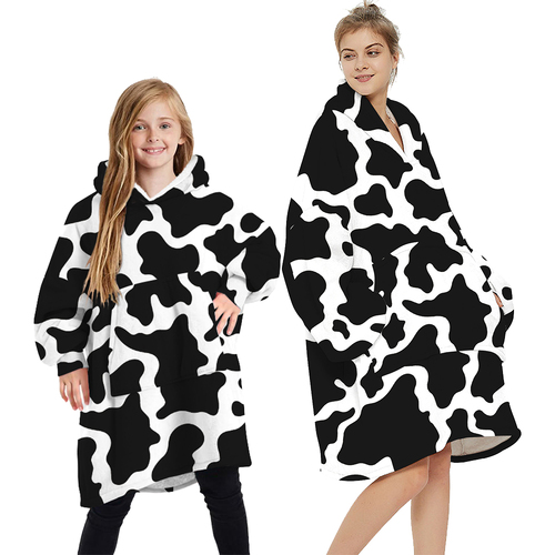 Oversized Soft Pullover Plain Hoodie Warm Fleece Blanket Plush Winter Sweatshirt, Cow Spots, Adult