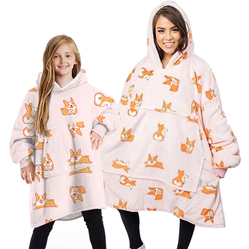 Oversized Soft Pullover Plain Hoodie Warm Fleece Blanket Plush Winter Sweatshirt, Dogs (Pink), Adult