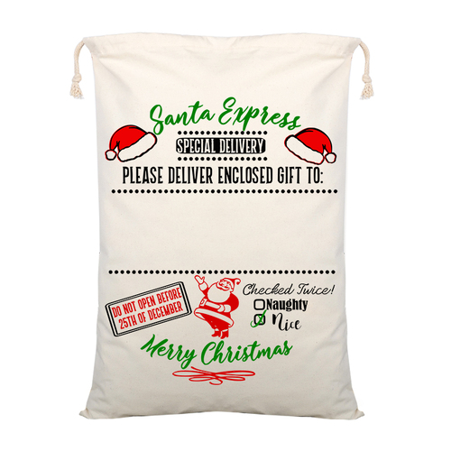 50x70cm Canvas Hessian Christmas Santa Sack Xmas Stocking Reindeer Kids Gift Bag, Cream - Delivery Enclosed Gift