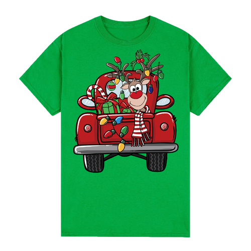 100% Cotton Christmas T-shirt Adult Unisex Tee Tops Funny Santa Party Custume, Car with Reindeer (Green), XL