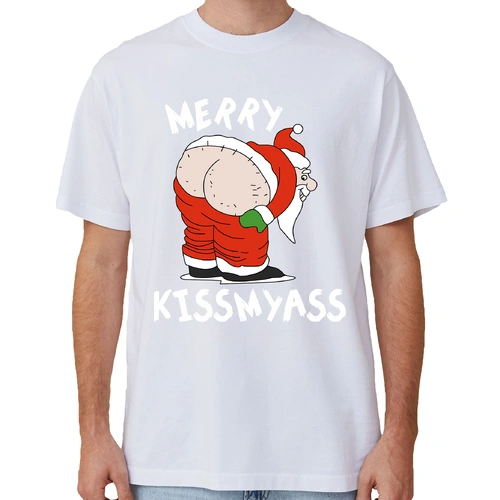 100% Cotton Christmas T-shirt Adult Unisex Tee Tops Funny Santa Party Custume, Merry Kissmyass (White), L
