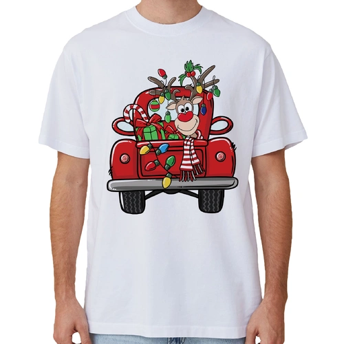 100% Cotton Christmas T-shirt Adult Unisex Tee Tops Funny Santa Party Custume, Car with Reindeer (White), L
