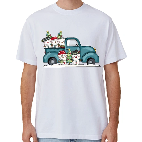 100% Cotton Christmas T-shirt Adult Unisex Tee Tops Funny Santa Party Custume, Car with Snowman (White), S
