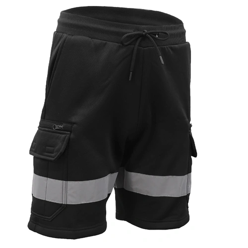 Hi Vis Fleece Work Cargo Shorts w Reflective Tape Workwear Tradie Utility Pants, Black, XL