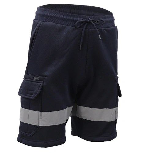 Hi Vis Fleece Work Cargo Shorts w Reflective Tape Workwear Tradie Utility Pants, Navy, M