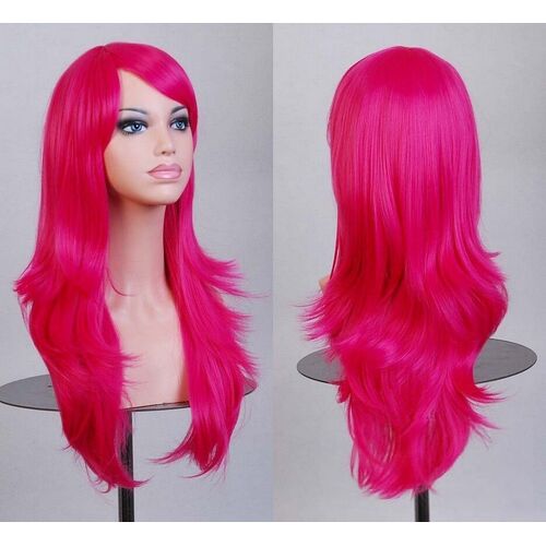 70cm Wavy Curly Sleek Full Hair Lady Wigs w Side Bangs Cosplay Costume Womens, Hot Pink
