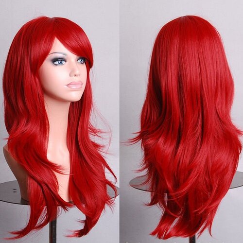 70cm Wavy Curly Sleek Full Hair Lady Wigs w Side Bangs Cosplay Costume Womens, Red