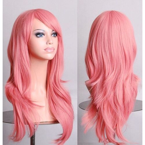 70cm Wavy Curly Sleek Full Hair Lady Wigs w Side Bangs Cosplay Costume Womens, Pink
