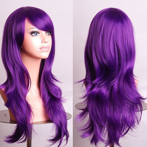 70cm Wavy Curly Sleek Full Hair Lady Wigs w Side Bangs Cosplay Costume Womens, Purple