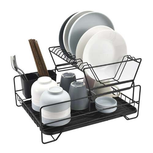 2 Tier Dish Drainer with Cutlery Holder Black