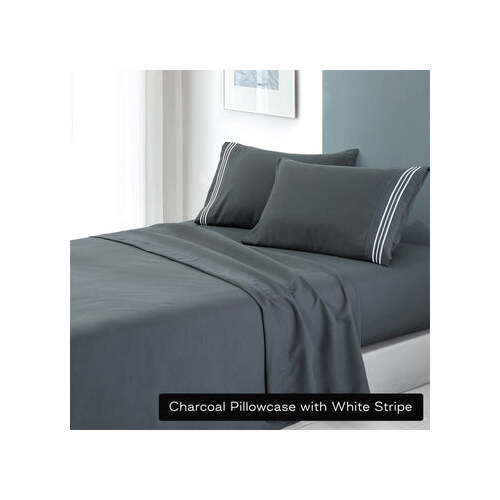 soft microfibre embroidered stripe sheet set king single charcoal pillowcase white stripe