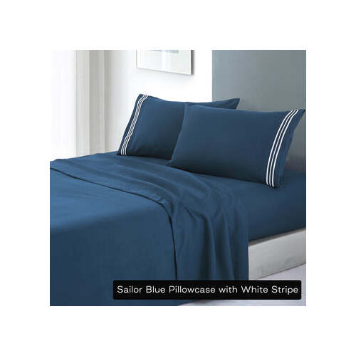 soft microfibre embroidered stripe sheet set king single sailor blue pillowcase white stripe