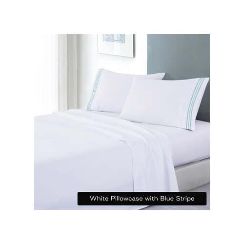soft microfibre embroidered stripe sheet set kingle single white pillowcase blue stripe