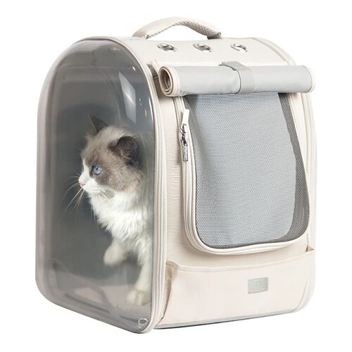 Pet Dog Cat Carriers Backpack Soft Sided Pet Travel Carrier Bag Transparent pet Backpack for Cats, Puppy and Small Dogs-Beige