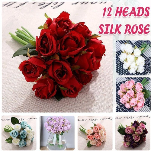 12 Heads Silk Rose Artificial Flowers Fake Bouquet - pink