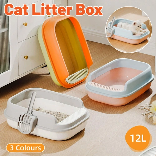 12L Semi Enclosed Large Cat Litter Box with Delivery Shovel Easy Clean Toilet - White-Grey