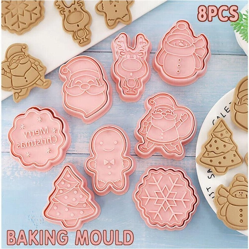 8PCS Christmas Cookie Cutter Set 3D Biscuit Moulds for Baking Fondant Pastry