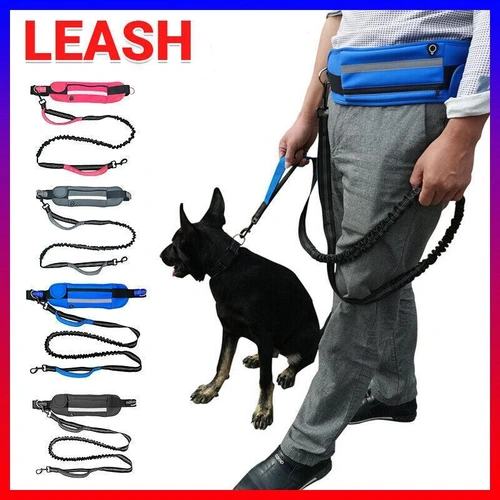 Hands Free Dog Leash Adjustable Lead with Waist Belt Bag for Walking Jogging Running - Black + Blue