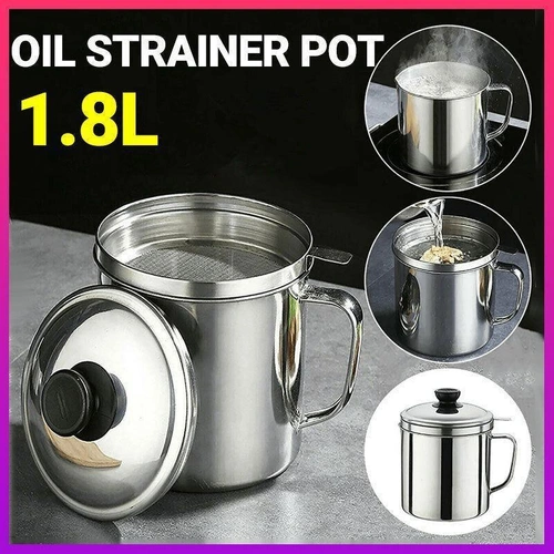 1.8L Stainless Steel Oil Filter Pot with Strainer Lid Grease Separator for Kitchen