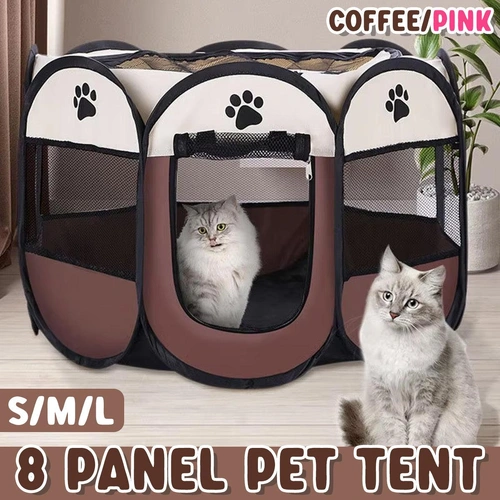 Pet Fence Indoor Cat Dog Tent Octagonal Fence Portable Foldable Cage Kennel - L-Coffee