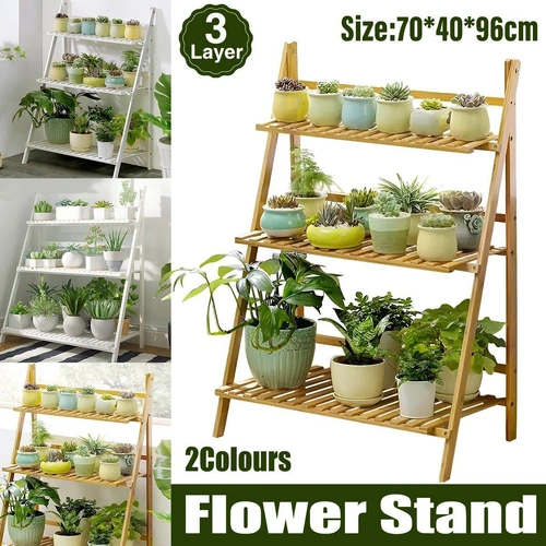 Balcony Plant Stand 3-Layer Wooden Flower Pot Corner Stand White Log Foldable - White