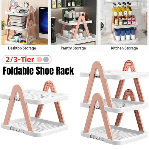 2/3 Tier Removable Shoe Rack Folding Storage Shelf Simple Space Saving Organizer - 2Tier-Blue