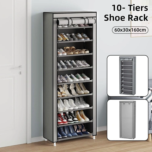 10 Tier Black Shoe Rack Dustproof Organiser Shoe Storage Cabinet for Home Use