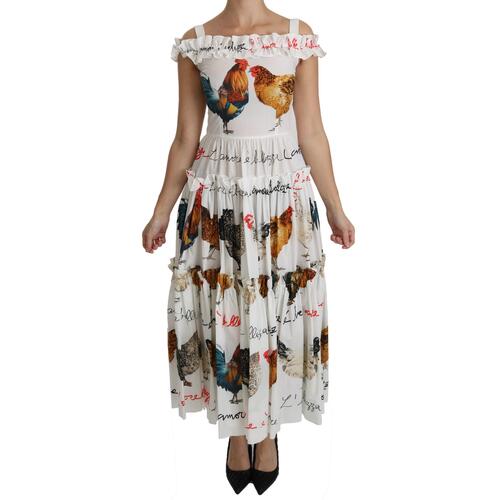 100% Authentic Dolce & Gabbana Sheath Midi Dress with Rooster Print 38 IT Women
