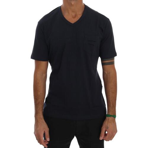 100% Authentic Daniele Alessandrini Blue V-neck T-shirt with Logo Detail S Men