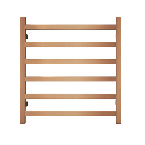 Premium Brushed Rose Gold Heated Towel Rack - 6 Bars, Square Design, AU Standard, 650x620mm Wide