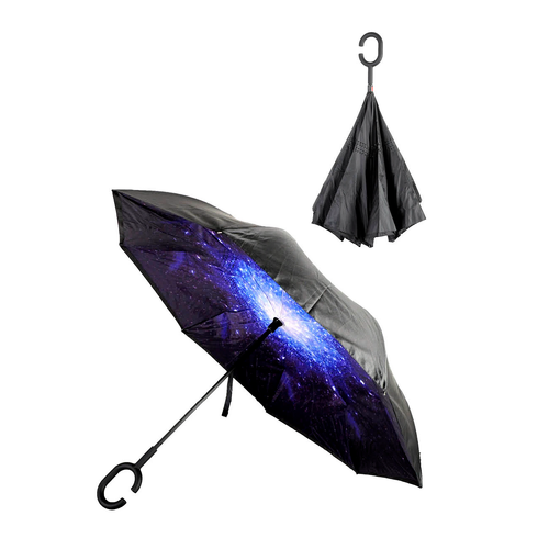 Reverse Umbrella Windproof Double Layer C-Handle Inverted Folding in Galaxy Print
