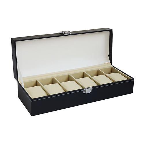 6 Slot Mens Watch Display Case Box Black PU Leather