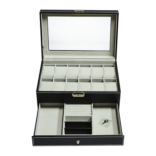 12 Grids Watch Display Case Leather jewellery Storage Box Organiser Lock Key