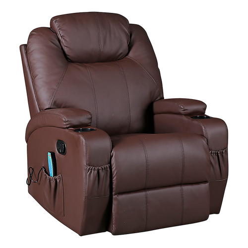 Brown Massage Sofa Chair Recliner 360 Degree Swivel PU Leather Lounge 8 Point Heated