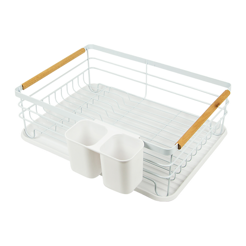 Metal Dish Drying Rack Drainboard Holder Tray Kitchen Plates Cutlery Wood Handle