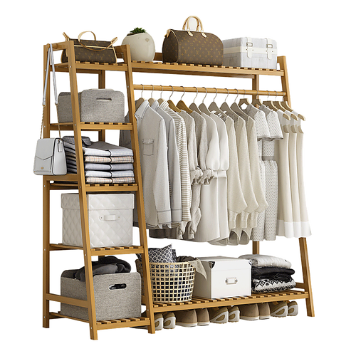Portable Clothes Rack Coat Garment Stand Bamboo Rail Hanger Airer Closet
