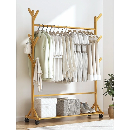 Portable Garment Rack Coat Garment Stand Bamboo Rail Hanger Airer Closet