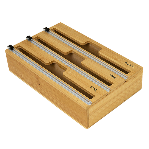 3 Grids Bamboo Food Wrap Dispenser Cutter Foil Cling Film Storage Holder Box Kitchen