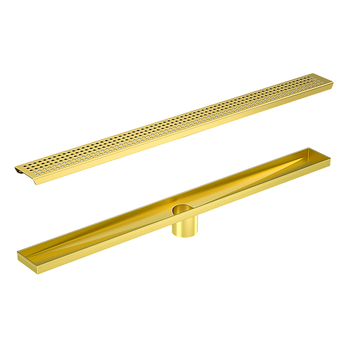 900mm Bathroom Shower Brushed Brass Grate Drain w/ Centre outlet Floor Waste Square Pattern