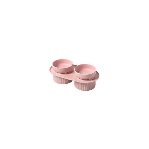 Ribbed Ceramic Double Pet Bowl 3pc Set - Pink